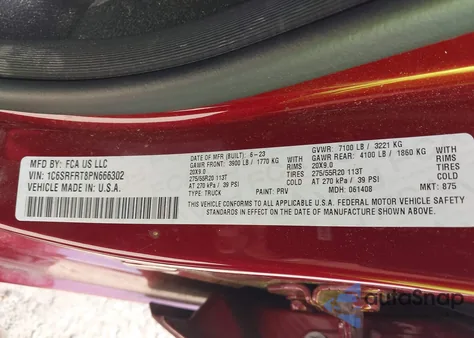 2023 Ram 1500 Laramie 4X4 6'4 Box z USA, uszkodzony, nr VIN 1C6SRFRT8PN666302